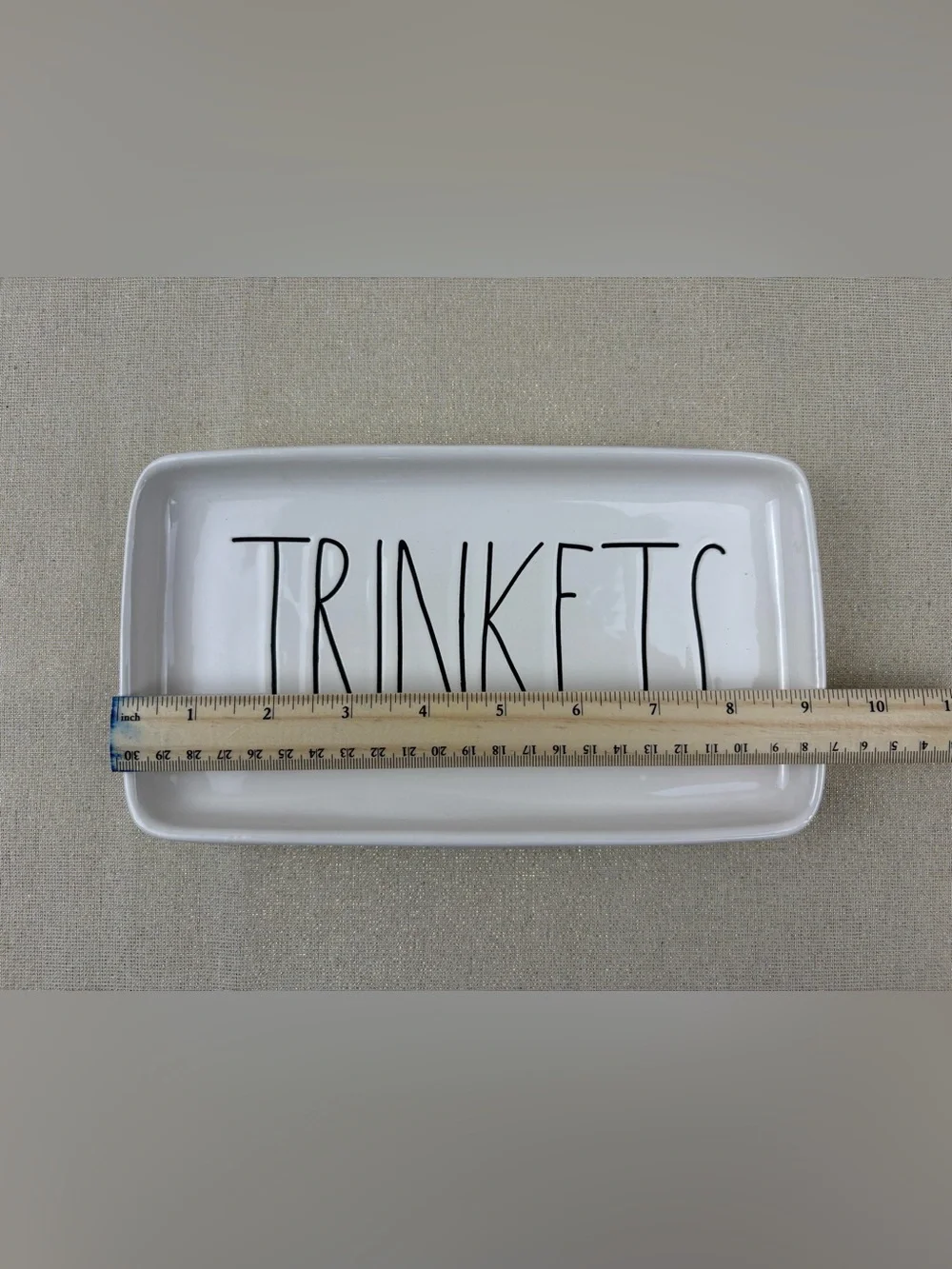 Rae Dunn by Magenta White Ceramic Tray Labeled “TRINKETS” in Black Lettering